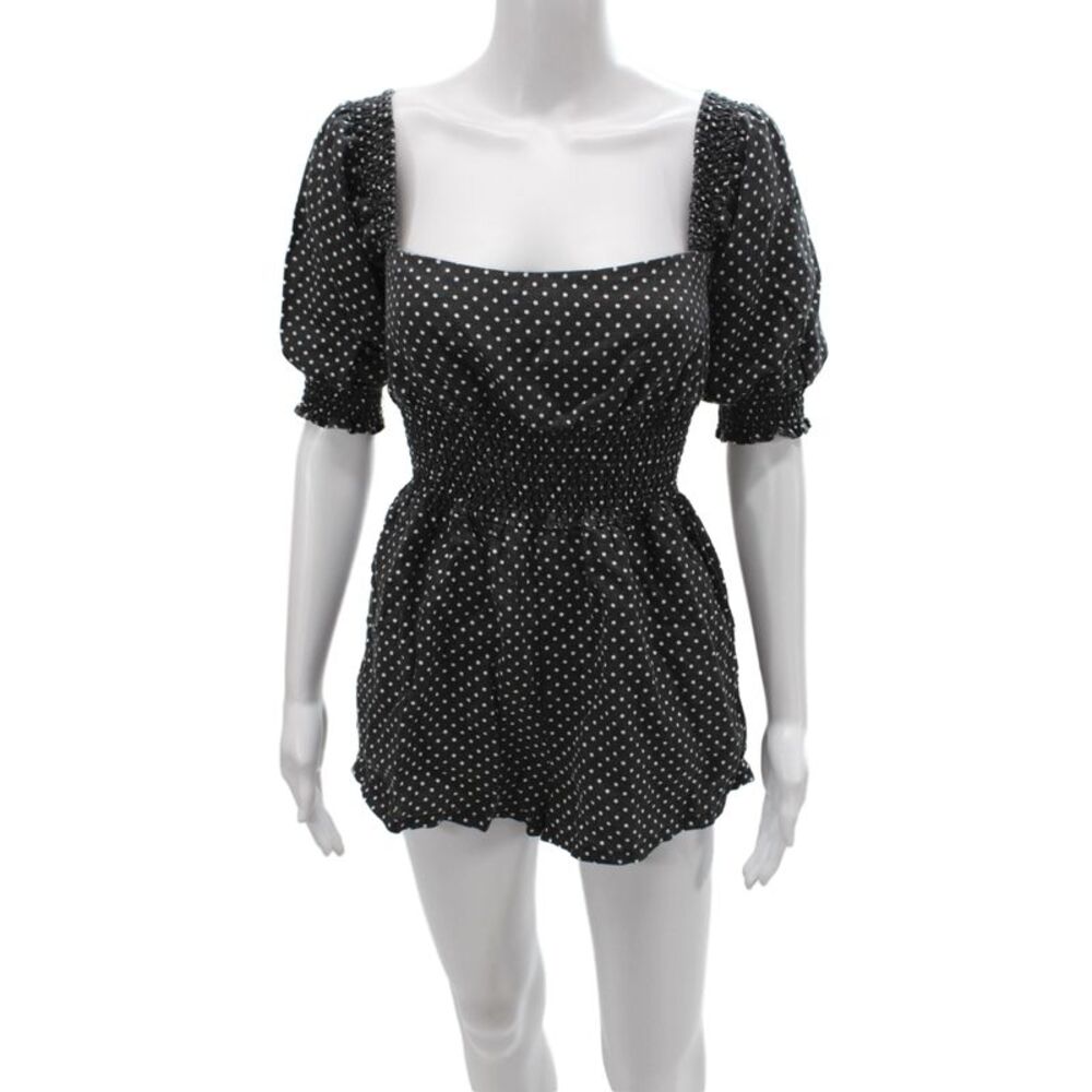 We Wore What Womens Polka Dot Black Linen Romper Short Sleeve Size S